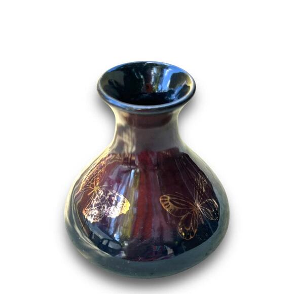 Butterfly Pottery Bud Vase in Black & Burgundy Glaze with 18k Genuine Gold - Picture 4 of 10